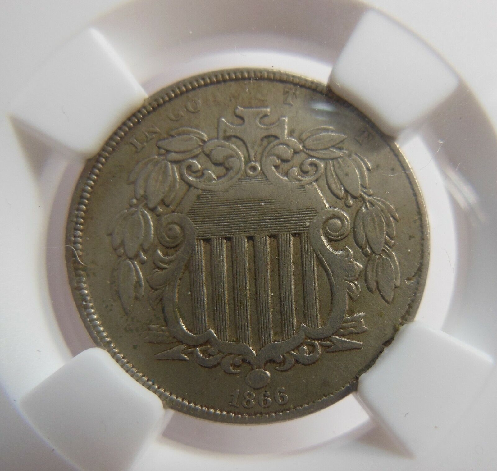 1866 Shield Nickel, Ngc Vf Cleaned, Minor Cleaning, Rotated Reverse Aprox. 30%